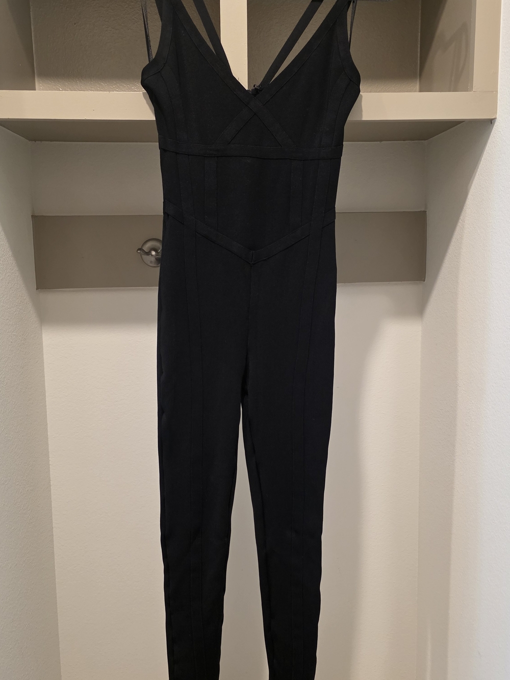 BEBE Black Ribbed Spanex V-Neck Jumpsuit